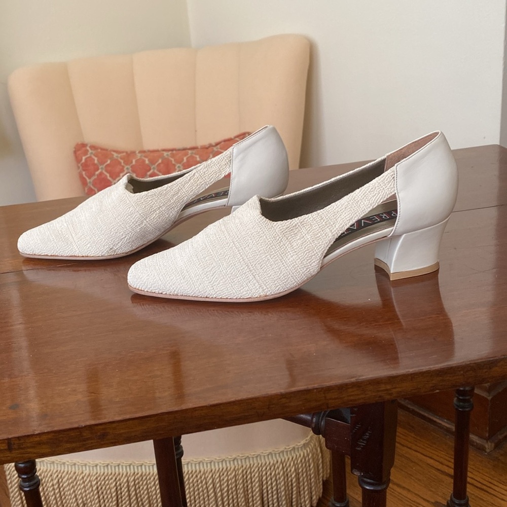 Prevata Cream Italian leather & fabric uppers leather sole 1 3/4” heel 6 1/2